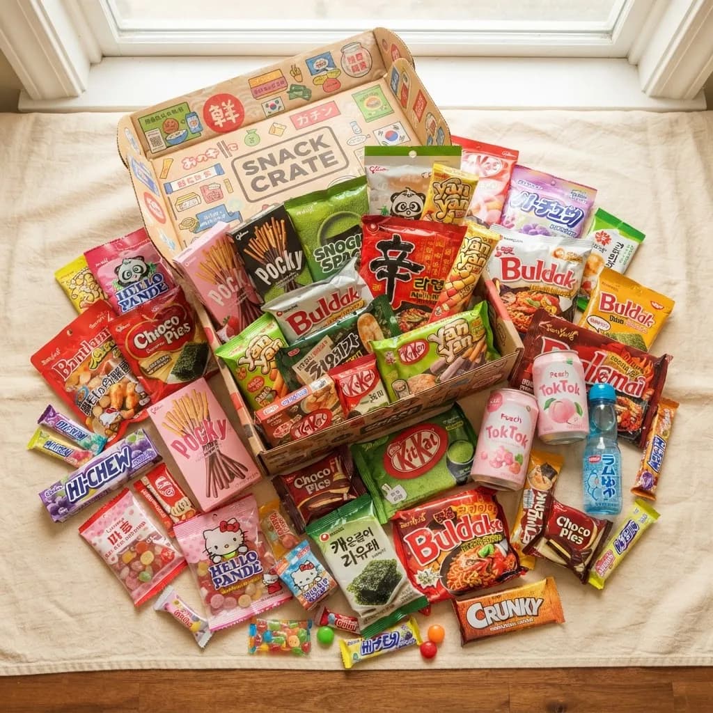 Caixa surpresa aberta cheia de snacks e bebidas do Japão